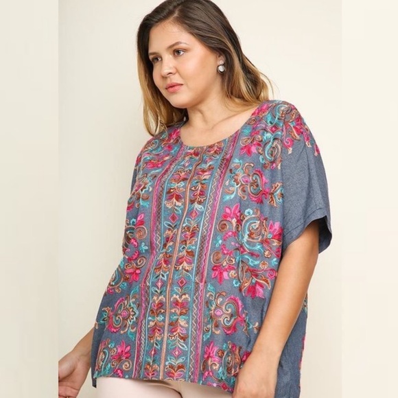 Umgee Tops - Folklore Floral Paisley Embroidered Top Blue Umgee
